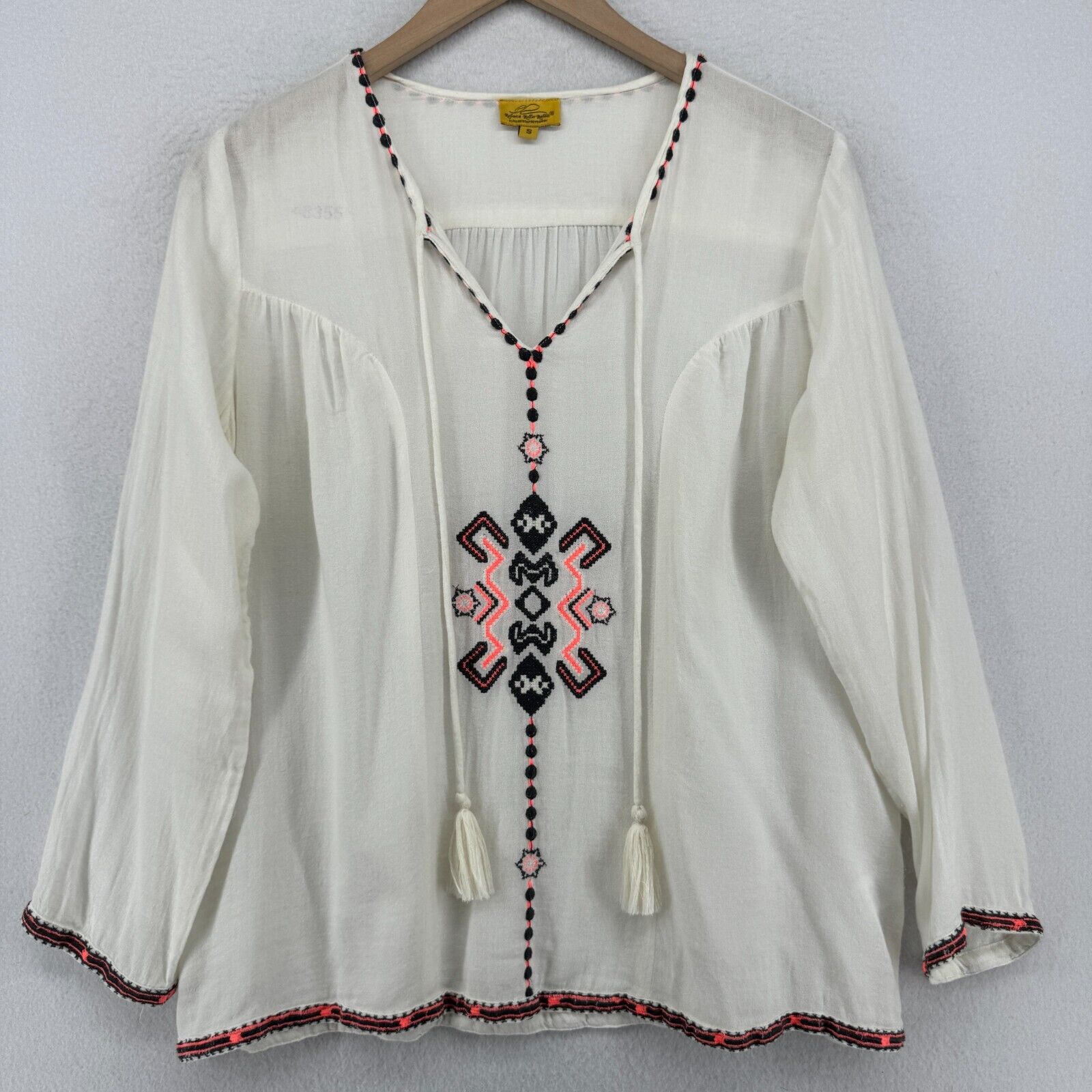 Roberta Roller Rabbit Top S Southwestern Tassel Tie Crepe Cotton Viscose White